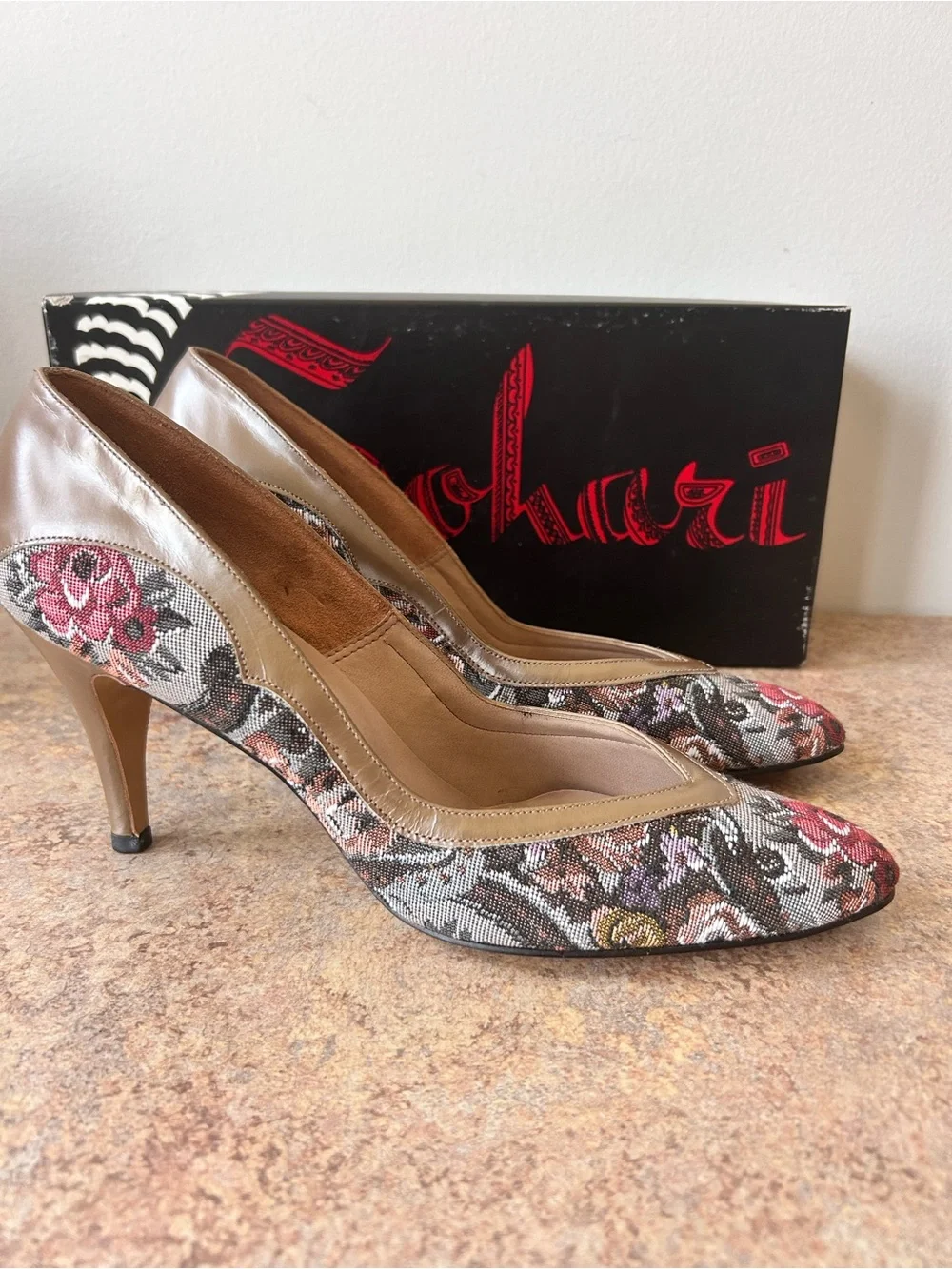Vintage Floral Tapestry/Leather Heels customized for Ray Ehinger size 9